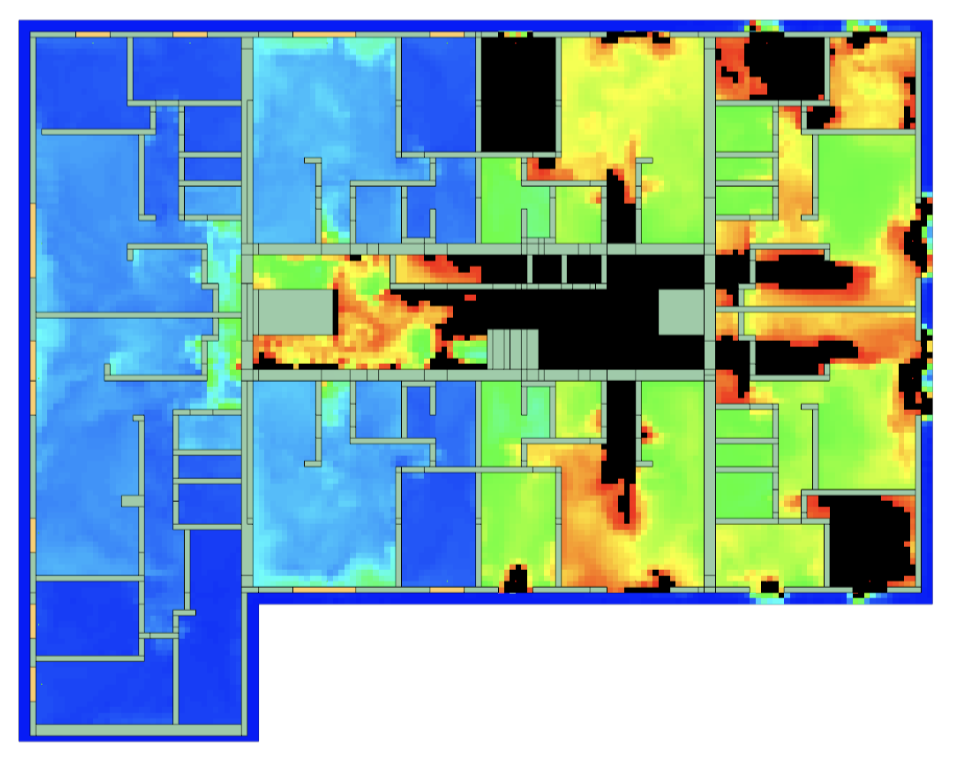 Cartographie simulée sur le plan d'un niveau de bâtiment